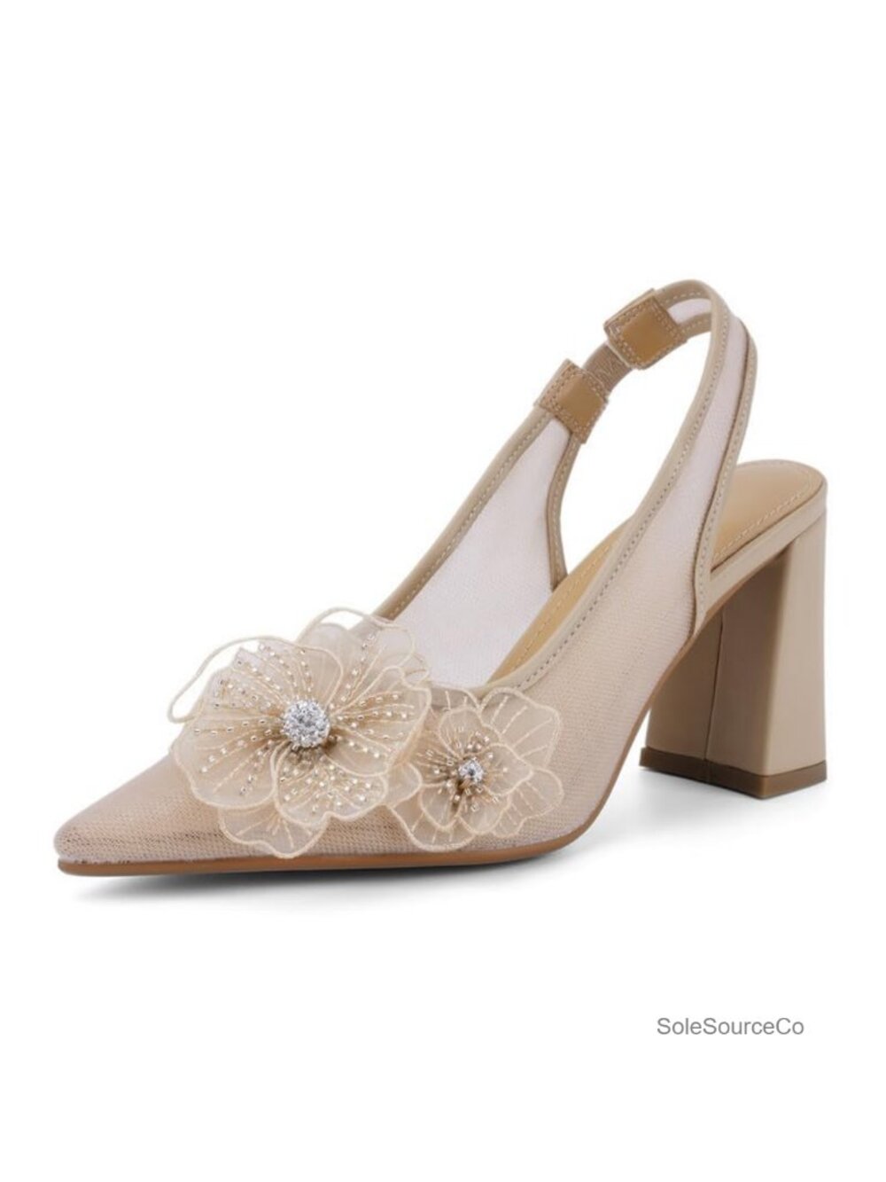 Women's Lace Floral Block Heel Slingback Pumps Pointed Toe Wedding Shoes